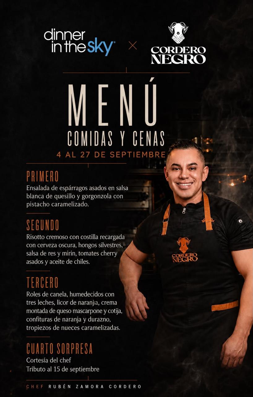 Menu comidas y cenas Dinner in the Sky Tijuana con Cordero Negro